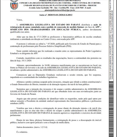 Decisão judicial determina a desocupação da Assembleia Legislativa