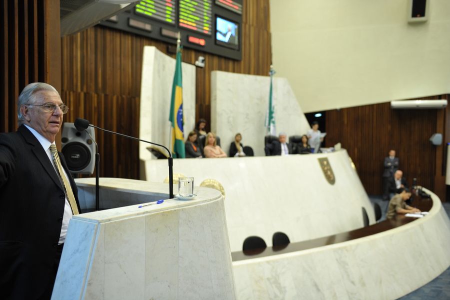 Deputado Waldyr Pugliesi (PMDB) ocupa a tribuna durante a sessão plenária desta segunda feira (29).