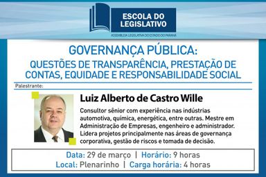 "Governança Pública" é tema de palestra na Assembleia Legislativa, nesta quarta-feira (29)