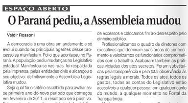 Em artigo publicado na Folha, Rossoni reafirma compromissos para a transformação do Legislativo