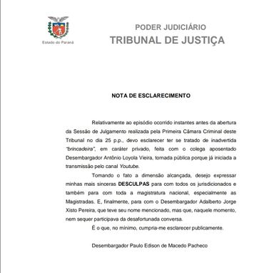 Nota de esclarecimento desembargador Paulo Edison de Macedo Pacheco
