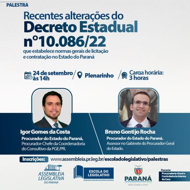 Assembleia Legislativa abre inscrições para a palestra sobre as alterações nas normas gerais de licitação e contratação no Estado do Paraná