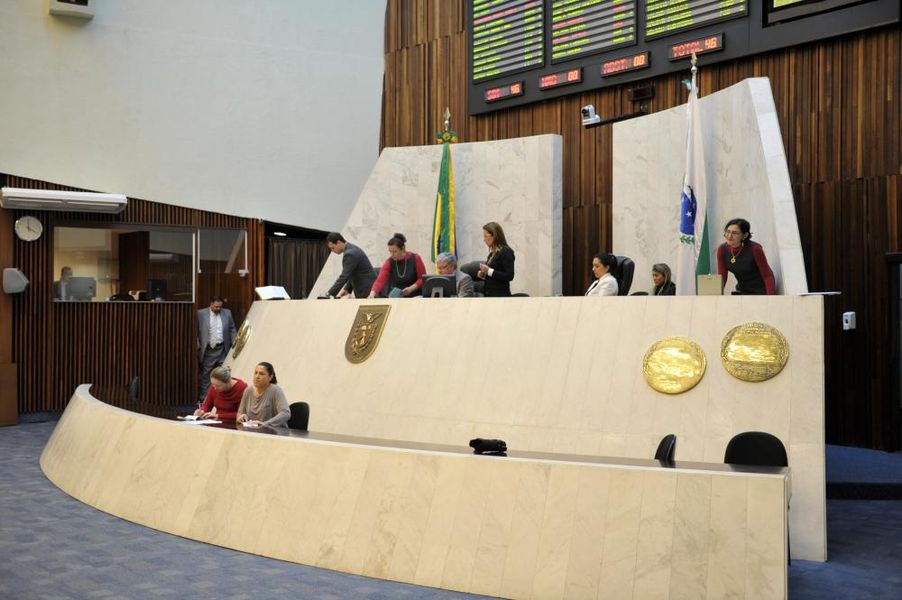 Visão geral da mesa durante a sessão plenária desta terça-feira (01).